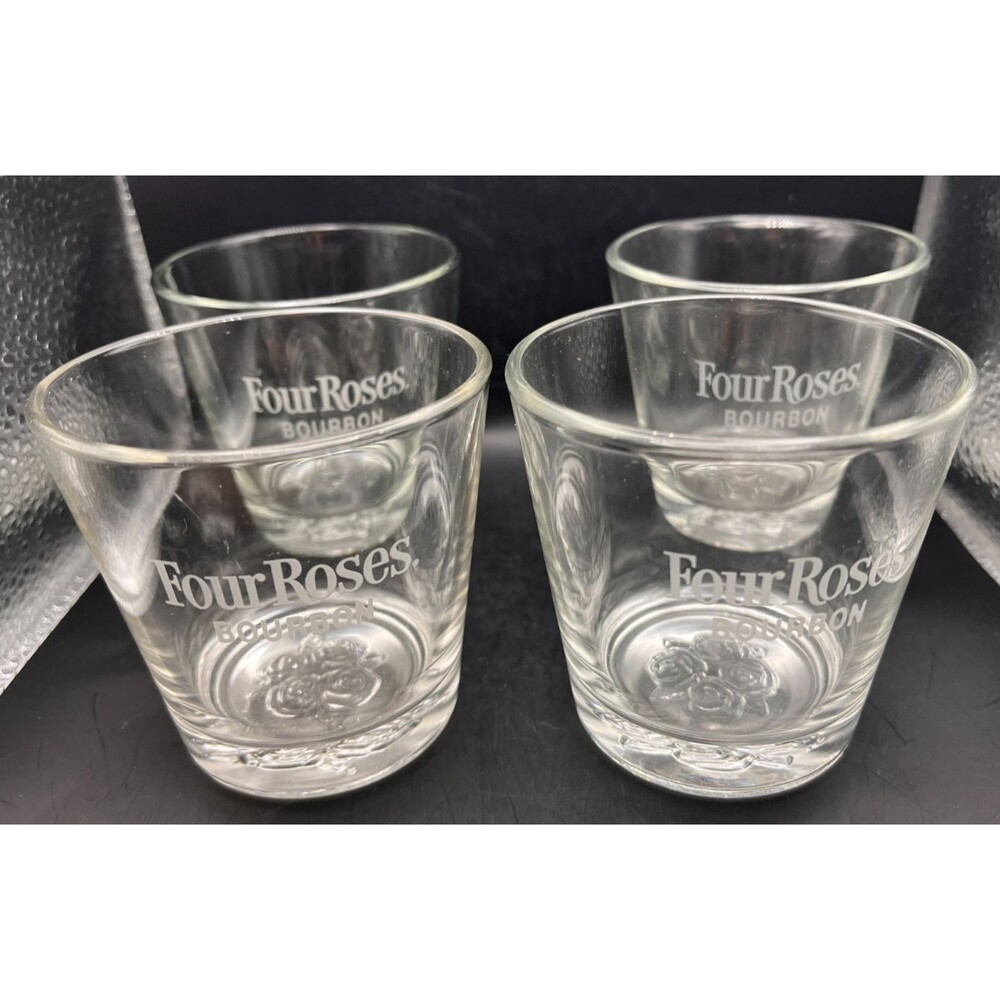 Four Roses Bourbon Whiskey Etched Glasses Set of 4 Embossed Rose Bottom 6oz